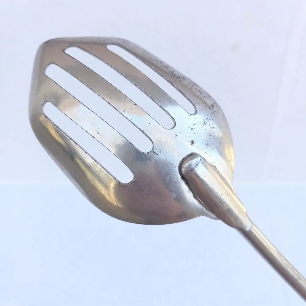 Vintage A&J Scraper Slotted Spoon-Stainless Steel-Wooden Handle-USA Made-Chippy